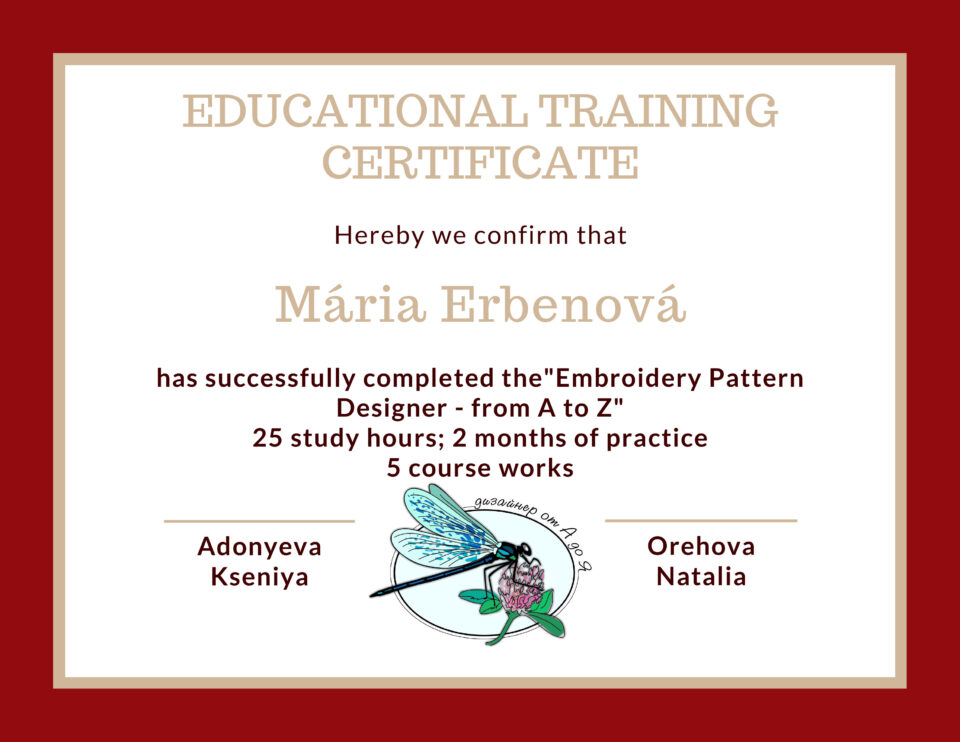 Certifikát pre Máriu Erbenovú o úspešnom absolvovaní kurzu Dizajnérom predlôh od A do Z.